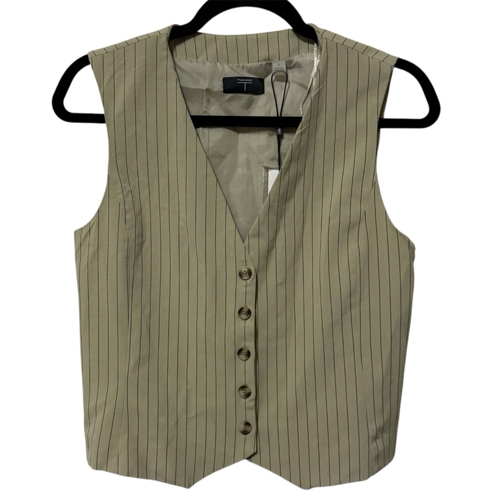 Tahari Laurel Pinstripe Vest Oak and Black Sz 6 NWT